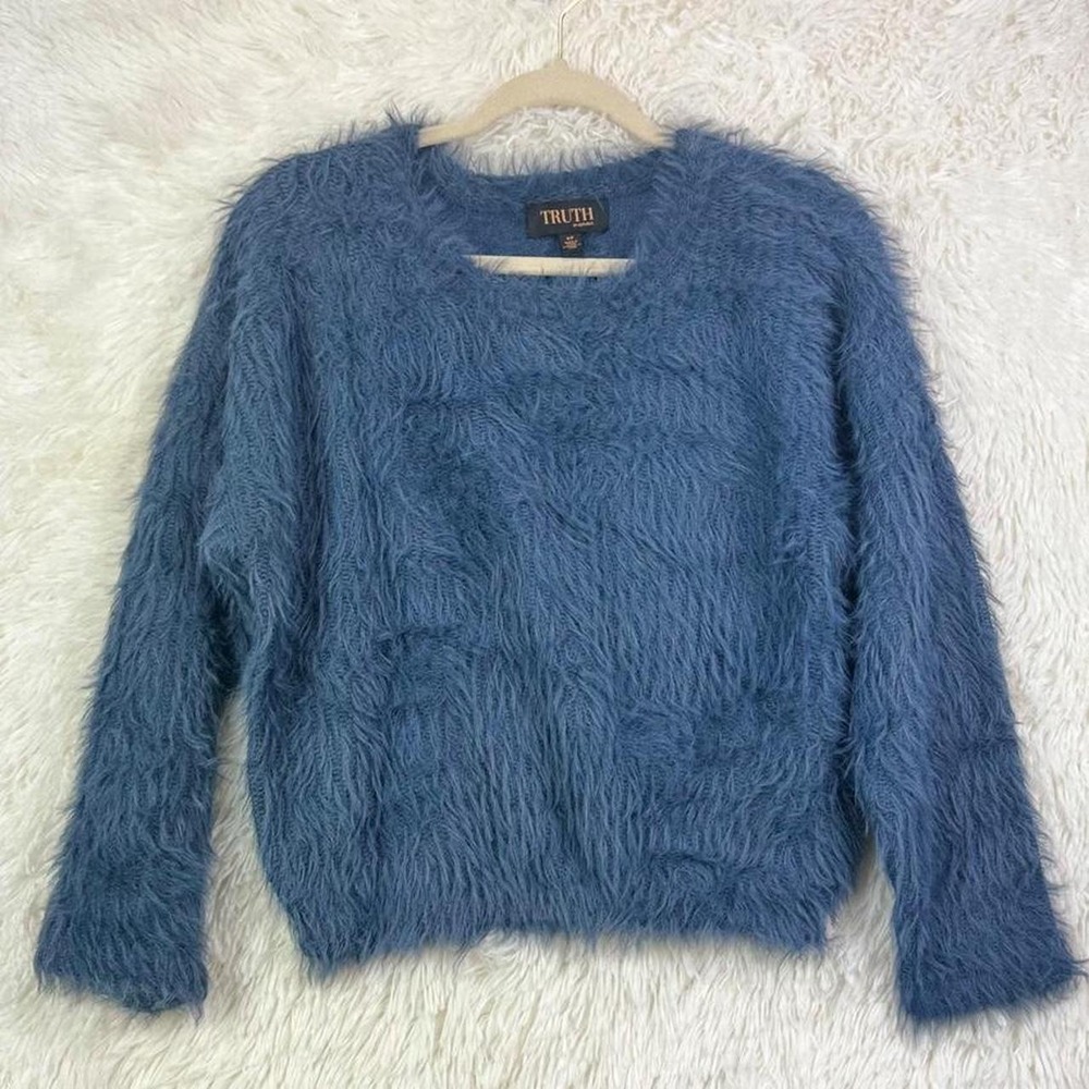 TRUTH Blue Fuzzy Shaggy Sweater Dusty Denim Knit Cropped Pullover Womens Small